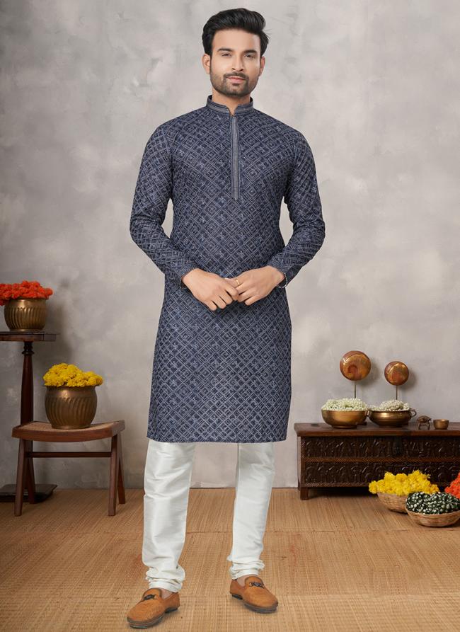 Jacquard Blue Traditional Wear Pintex Work Readymade Kurta Pajama